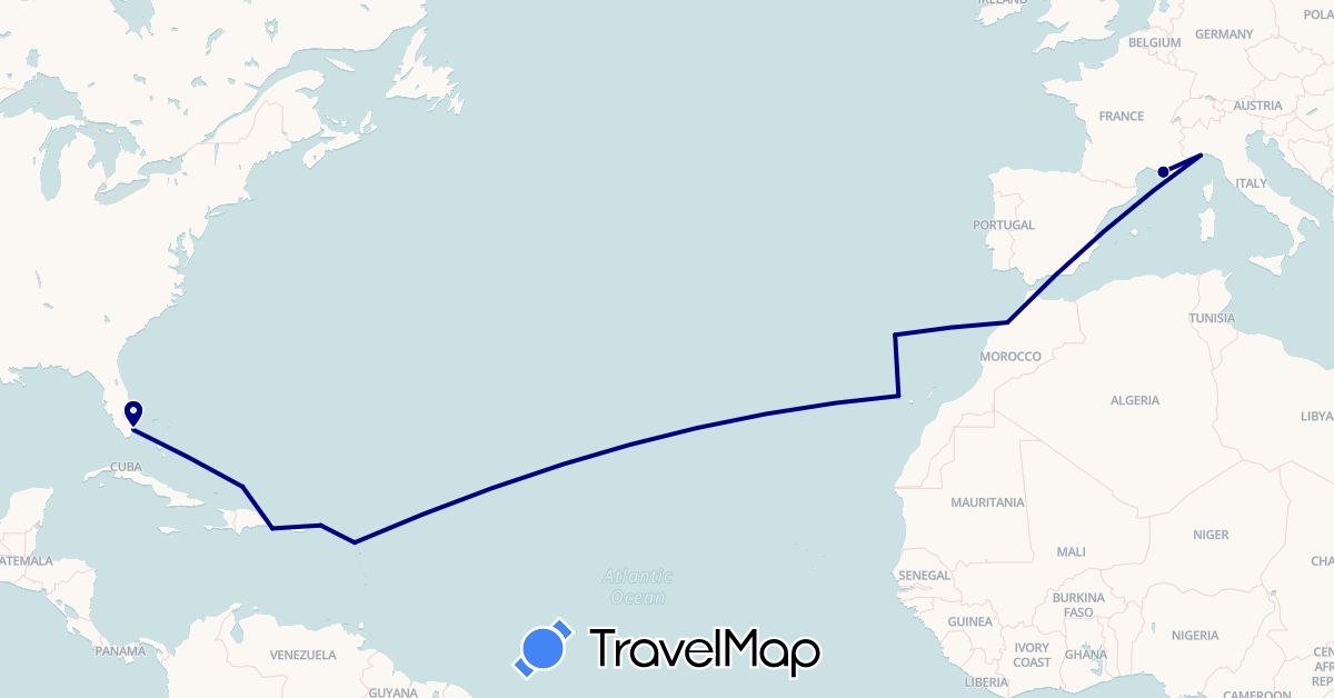 TravelMap itinerary: driving in Antigua and Barbuda, Dominican Republic, Spain, France, Italy, Morocco, Portugal, Turks and Caicos Islands, United States, British Virgin Islands (Africa, Europe, North America)